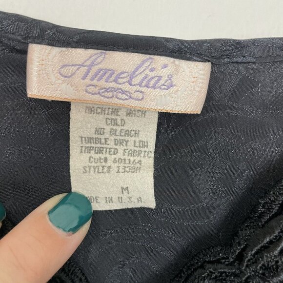Amelias Vintage Black Satin Floral Chemise Slip Size Medium Made in USA - Picture 2 of 6